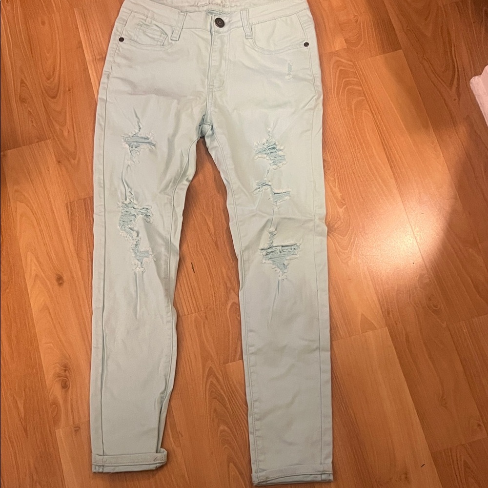 Madeline Light Blue Denim distressed front and back pockets skinny Pants 29